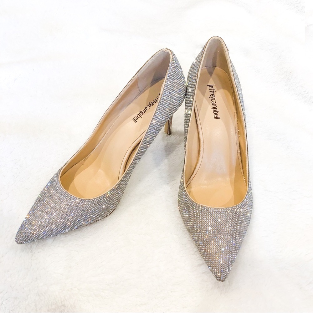Jeffrey Campbell Lure Heel, Crystal-Embellished Sparkly Silver Pumps